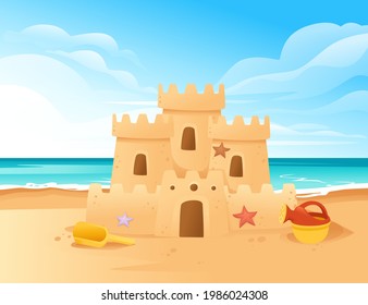 Sandcastle on the beach happy childhood hobby building vector illustration with beachside and clear sky