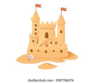 Sandcastle on the beach happy childhood hobby building vector illustration on white background