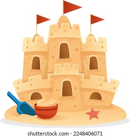 Sandcastle on the beach happy childhood hobby building vector illustration on white background