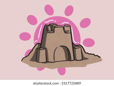 Sandcastle on the beach happy childhood hobby building vector illustration on background