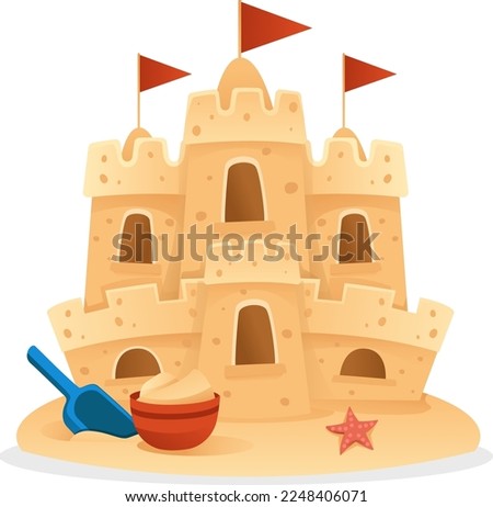 Sandcastle on the beach happy childhood hobby building vector illustration on white background