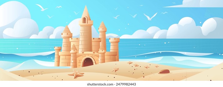 Castillo de arena en la playa con las olas del océano gaviotas cielo nubes estrellas de mar día soleado verano vacaciones tema