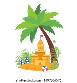 Sandcastle on the beach seashore. Palm tree. Time to travel. Summer Vacation. Beach rest. Parasol. Children summer games and activities. Flat.