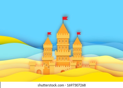 Sandcastle on Seashore in paper cut style. Summer Vacation. Children summer games and activities. Vector.