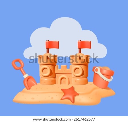 Sandcastle with red flag, plastic bucket, toy shovel and starfish on sand island under cloud. 3D illustration. Beach toy and summer vacation concept.