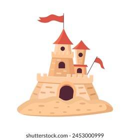 Sandcastle with red flags. Castle with tower made from yellow sand. Summer, seashore, vacation concept. Vector illustration isolated on white background.