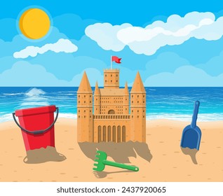 Sandcastle sculpture. Plastic bucket with rake, shovel. Fortress with towers. Kids children leisure fun game playground. Beach, sea, sun, sky with clouds. Vector illustration flat style