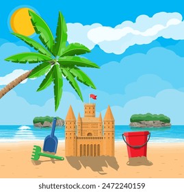 Sandcastle sculpture. Plastic bucket with rake, shovel. Fortress with towers. Kids children leisure fun game playground. Beach, island, palm, sea, sun, sky with clouds. Vector illustration flat style