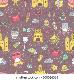 Sandcastle seamless pattern. Vector tile illustration for your fabric textile design, wrapping paper, wallpaper. Summer objects on the beach. Cat, bikini, suncream, ice cream,  starfish, glasses, crab