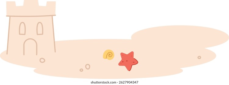A sandcastle with a starfish and shell on a sandy beach, drawn in a minimal style. The beach scene includes a small castle, sea creature, and spiral shell. Cartoon vector illustration.