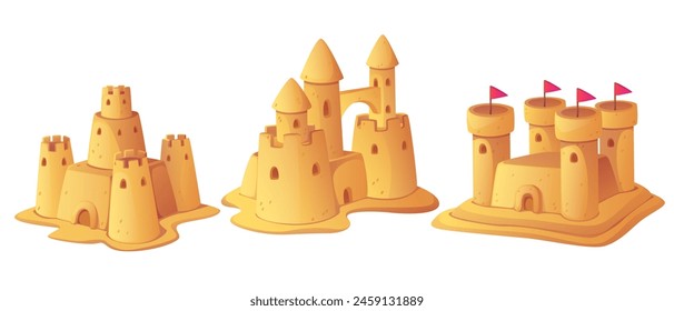 Sandcastle summer play cartoon beach illustration. Cute sand castle vacation game. Kid sculpture with flag and tower isolated on white background. Fantasy yellow palace set clipart for sea trip