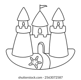 Sandcastle. Summer Sand Castle. Outline Doodle illustration for colouring pages. Editable Stroke. Ocean and sea. Cute colouring page