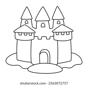 Sandcastle. Summer Sand Castle. Outline Doodle illustration for colouring pages. Editable Stroke. Ocean and sea. Cute colouring page