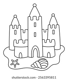 Sandcastle. Summer Sand Castle. Outline Doodle illustration for colouring pages. Editable Stroke. Sea shells. Ocean and sea. Cute colouring page