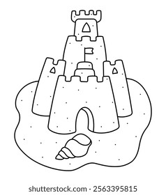 Sandcastle. Summer Sand Castle. Outline Doodle illustration for colouring pages. Editable Stroke. Sea shells. Fun illustration of sea life.