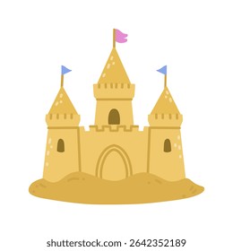Sandcastle with three towers and small flags on top. Fun beach rest. For summer vacation themes, kids activities, and seaside designs.