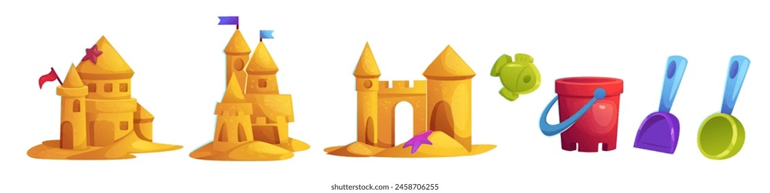 Sandcastle with tower and gate decorated with flag and starfish, children plastic toys for summer beach vacation - bucket and fish, rake and shovel. Cartoon vector illustration set of sand palace.