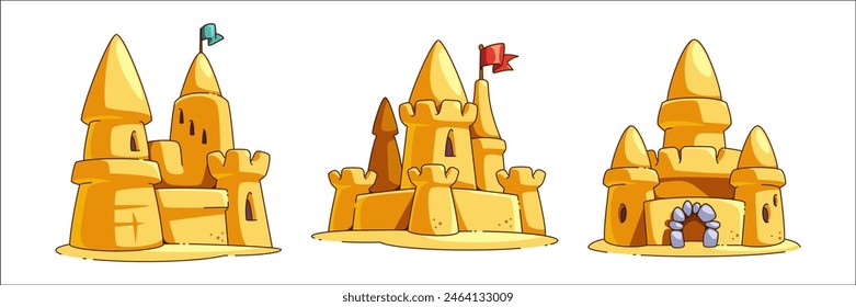 Sandcastle with tower, gate and flag. Cartoon vector illustration set of summer beach vacation cute childish sandy palace sculpture. Children seaside play activity element. Summertime playground.