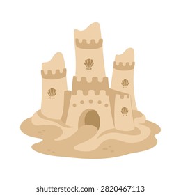 Sandcastle with towers and seashell decorations sitting on sand surface. Summer beach construction isolated on white.