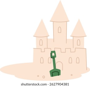 Um castelo de areia com torres e uma pá em estilo minimalista. O castelo tem torres pontiagudas e uma pá colocada na frente. Ilustração de vetor de desenhos animados.