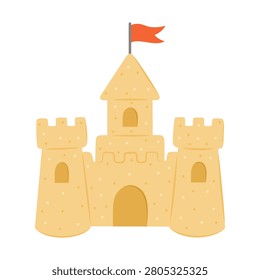 Sandcastle with towers and windows decorated with red flag on top. Big yellow sand fortress for summer beach games isolated on white background.