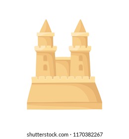 Sandcastle with two towers. Big sand fortress. Flat vector for advertising poster of travel agency or mobile game