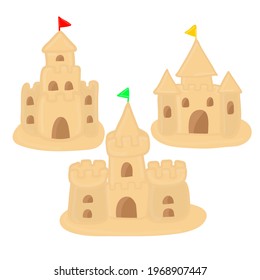 Sandcastle vector cartoon icon set isolated cartoon sand castle icon set. Children s summer sand games. Vector illustration EPS10