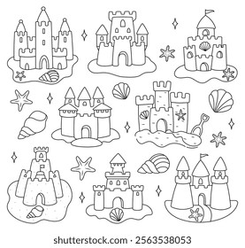 Sandcastles. Big set. Summer Sand Castles. Sea shells. Outline Doodle illustration for colouring pages. Editable Stroke. Fun illustration of sea life.