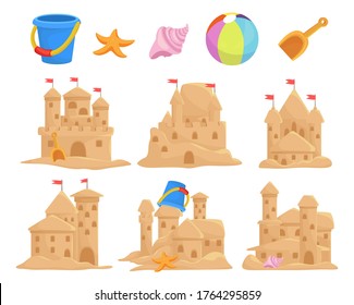 Sandcastles Set And Children Toys Bucket, Seashell, Scoop, Starfish, Ball. Sand Palace, Sculpture, Kingdom, Tower, Building. Summer Fun, Kids Game On Beach, Shore. Vector Collection Isolated On White.