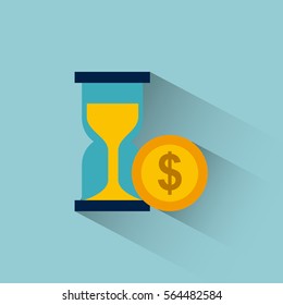 sandclock and gold coin icon over blue background. colorful design. vector illustration