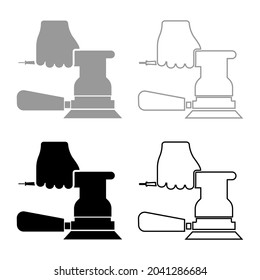 Sander in hand holding tool use Arm using circular sheet Electric orbital instrument set icon grey black color vector illustration flat style image