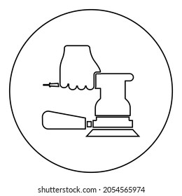 Sander in hand holding tool use Arm using circular sheet Electric orbital instrument icon in circle round black color vector illustration solid outline style simple image
