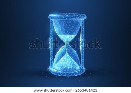 Sandglass. Abstract 3d wireframe lock isolated on blue. Time management, countdown, deadline concept illustration or background