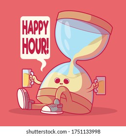 Sandglass character drinking beer vector illustration. Happy hour, drinks, party, funny design concept