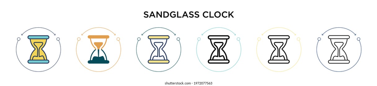 Sandglass clock icon in filled, thin line, outline and stroke style. Vector illustration of two colored and black sandglass clock vector icons designs can be used for mobile, ui, web