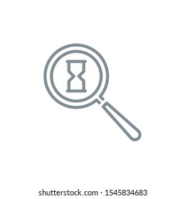 sandglass clock with magnifier glass outline flat icon. Single quality outline logo search symbol for web design mobile app. Thin line design logo sign. Loupe lens icon isolated on white background