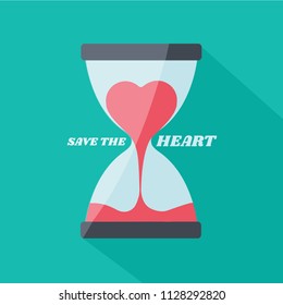 sandglass flat design vector & heart flow in hourglass. valentines day sign. countdown measurment. time for love concept creative cartoon isolated. break up & sorry card. run out. hurry up symbol icon