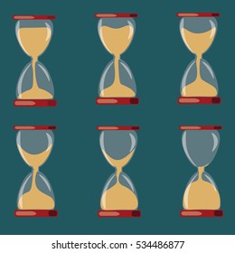Sandglass icons set, time hourglass, sandclock, flat design, vector illustration. Animation Sand Glass Clock.