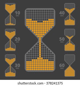 Sandglass indicator. Flat chart diagram illustration of hourglasses symbols. Isolated vector infographic elements for web, presentations, social networks. Ten seconds interval hourglass pictograms.
