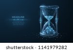 Sandglass. Low poly wireframe sandglass looks like constellation on dark blue background with dots and stars. Time, countdown, deadline concept illustration or background