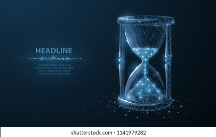 Sandglass. Low poly wireframe sandglass looks like constellation on dark blue background with dots and stars. Time, countdown, deadline concept illustration or background