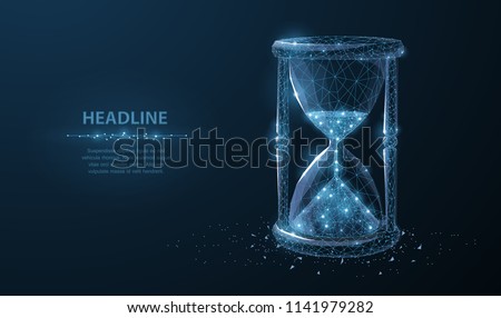 Sandglass. Low poly wireframe sandglass looks like constellation on dark blue background with dots and stars. Time, countdown, deadline concept illustration or background