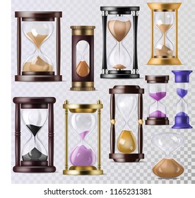Sandglass vector glass clock with flowing sand and hourglass clocked in time illustration clocking alarm timer to countdown time set isolated on transparent background
