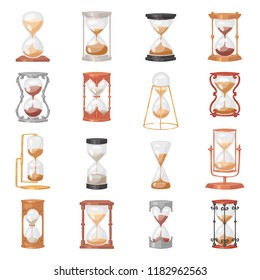 Sandglass vector glass clock with flowing sand and hourglass clocked in time illustration clocking alarm timer to countdown time set isolated on white background