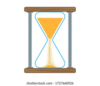 Sandglass with yellow falling sand on wooden stands. Hourglass flat style. Vector object on an isolated white background.