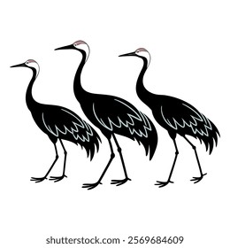 A Sandhill crane bird group in flight with a white background 
