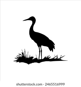 Sandhill crane with grass silhouette isolated on white background. Crane bird icon vector illustration design.