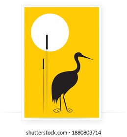 Sandhill Crane Silhouette And Sun Illustration, Vector. Scandinavian Minimalism Art Design. Bird Illustration Isolated On Yellow Background. Wall Art, Artwork, Poster Design. Freedom Concept