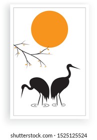 Sandhill Crane Silhouettes On Sunset, Vector. Minimalist Poster Design. Two Birds Silhouettes Illustration Isolated On White Background. Wall Decals, Wall Art Work, Graphic Design  