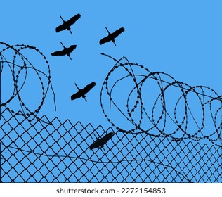 Sandhill cranes fly over a broken prison fence and broken razor wire in a vector illustration about freedom and imprisonment.